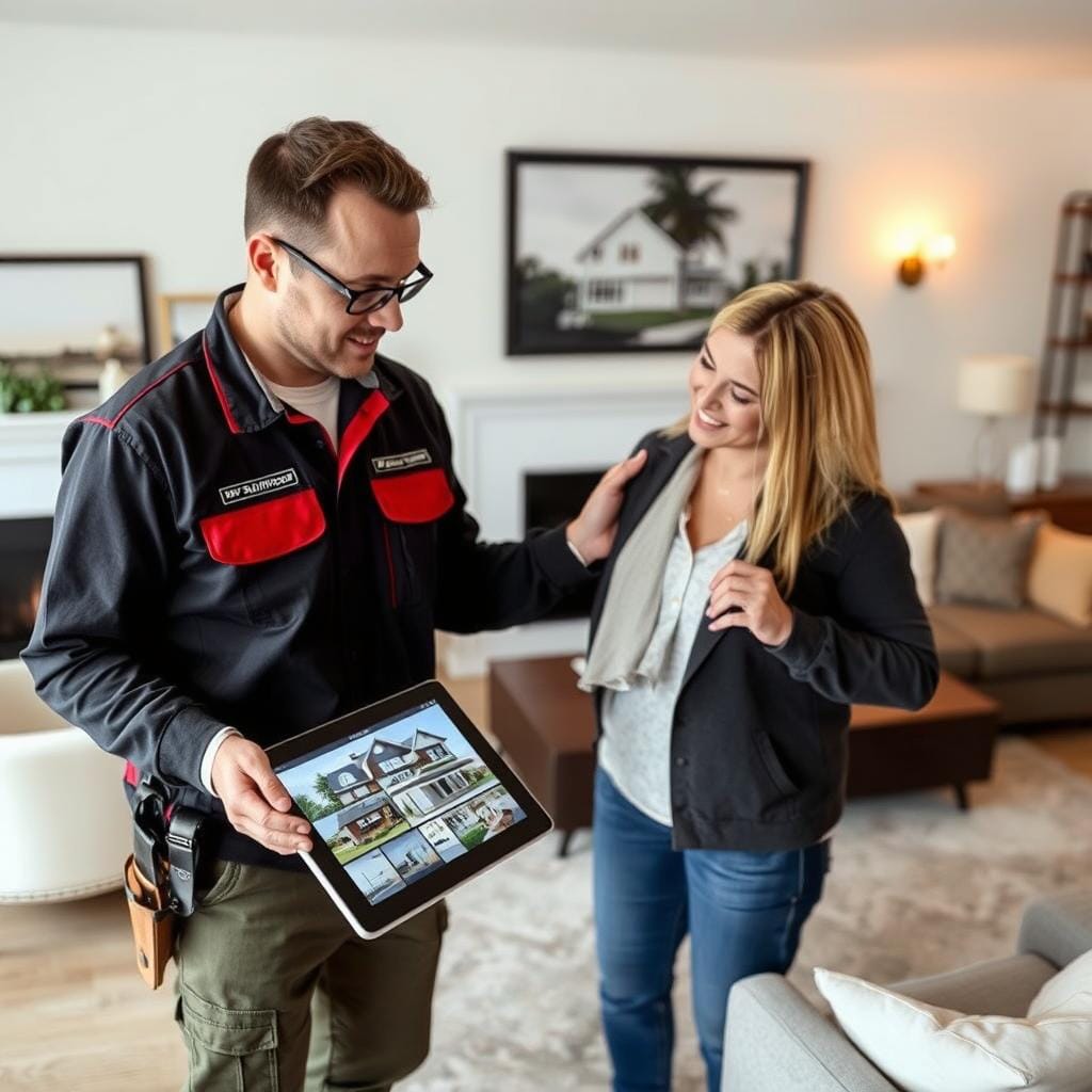 Contractor showing house painting services portfolio to homeowner Contractor showing house painting services portfolio to homeowner
