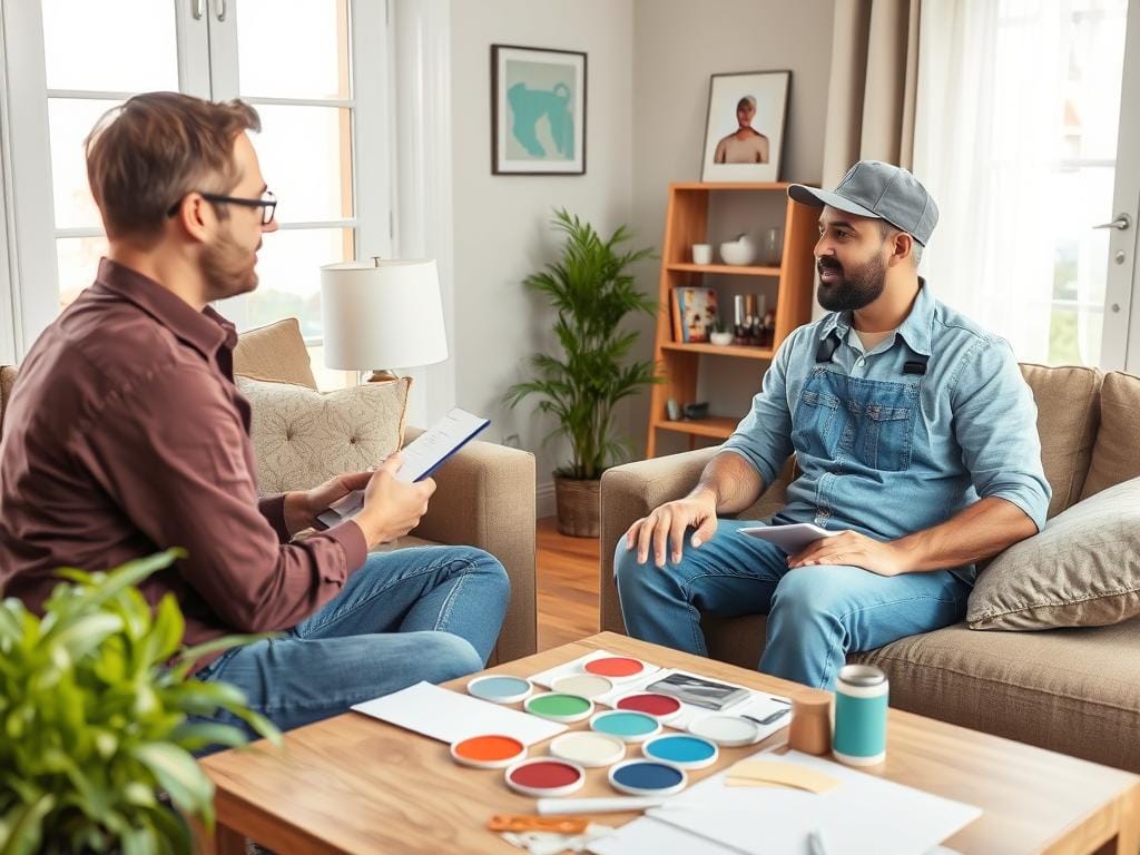 Homeowner interviewing painter about house painting services Homeowner interviewing painter about house painting services