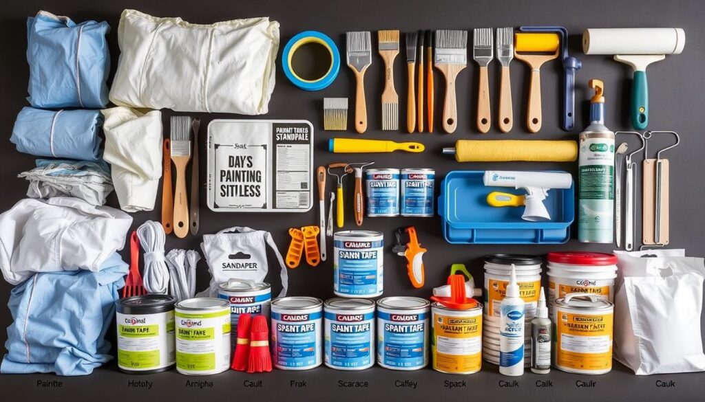 Complete set of residential painting supplies organized and ready for use Complete set of residential painting supplies organized and ready for use