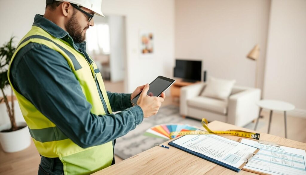 Contractor calculating residential painting project costs Contractor calculating residential painting project costs