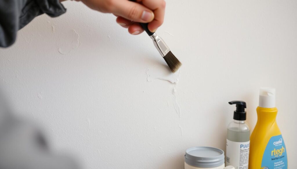 Person performing touch-up maintenance on residential painted wall Person performing touch-up maintenance on residential painted wall