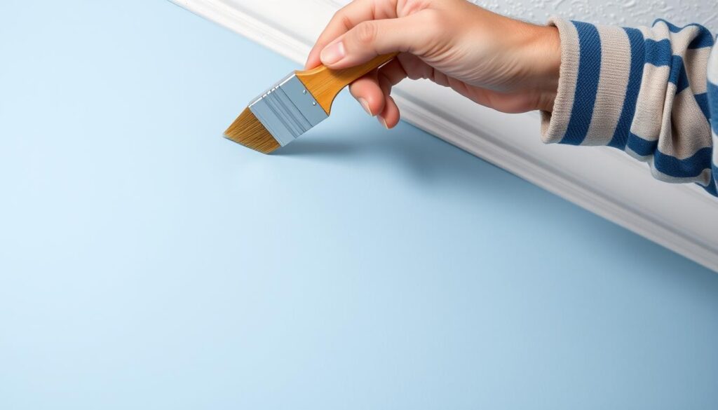 Professional painter demonstrating cutting-in technique for residential painting Professional painter demonstrating cutting-in technique for residential painting