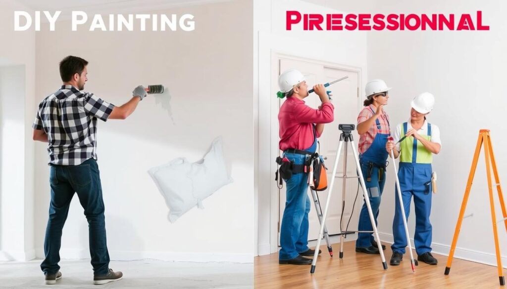 Split image comparing DIY and professional residential painting results Split image comparing DIY and professional residential painting results