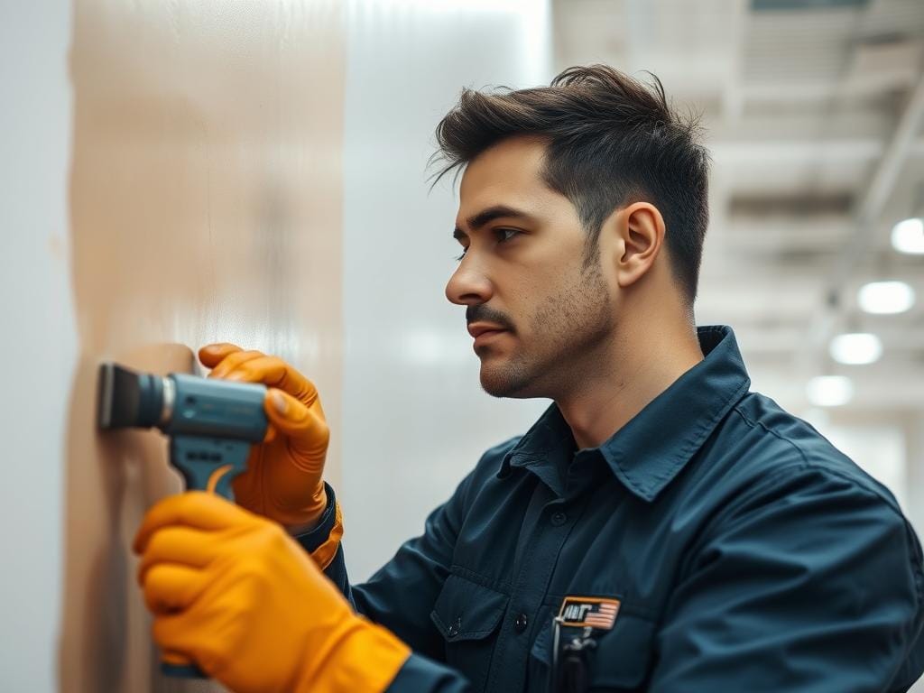 Commercial painter examining a wall surface before painting Commercial painter examining a wall surface before painting