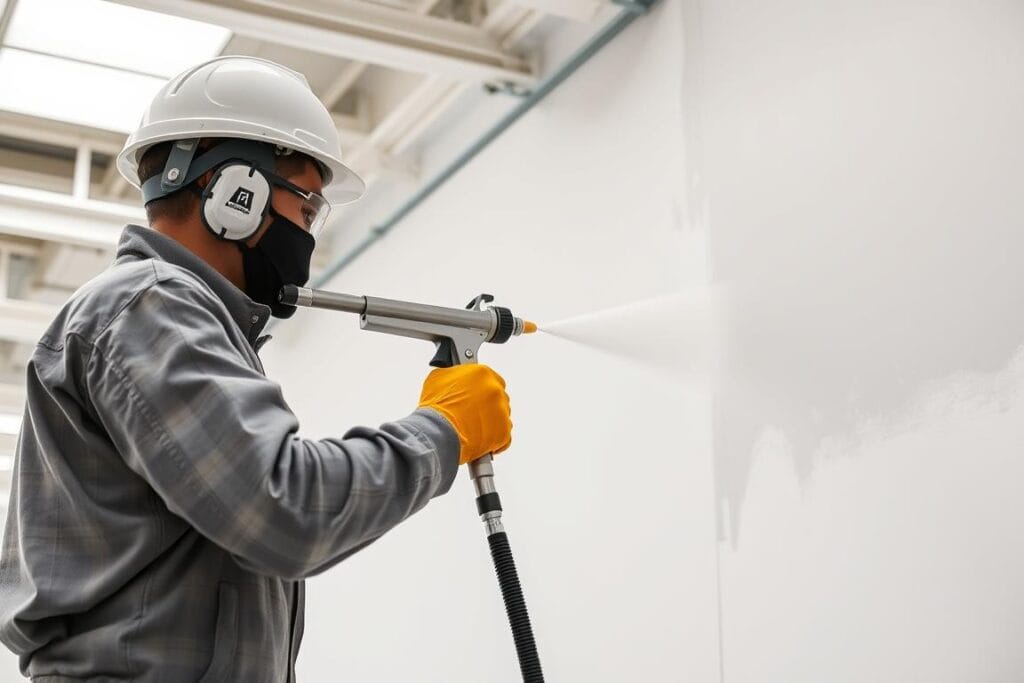 Commercial painters applying paint with professional sprayers Commercial painters applying paint with professional sprayers