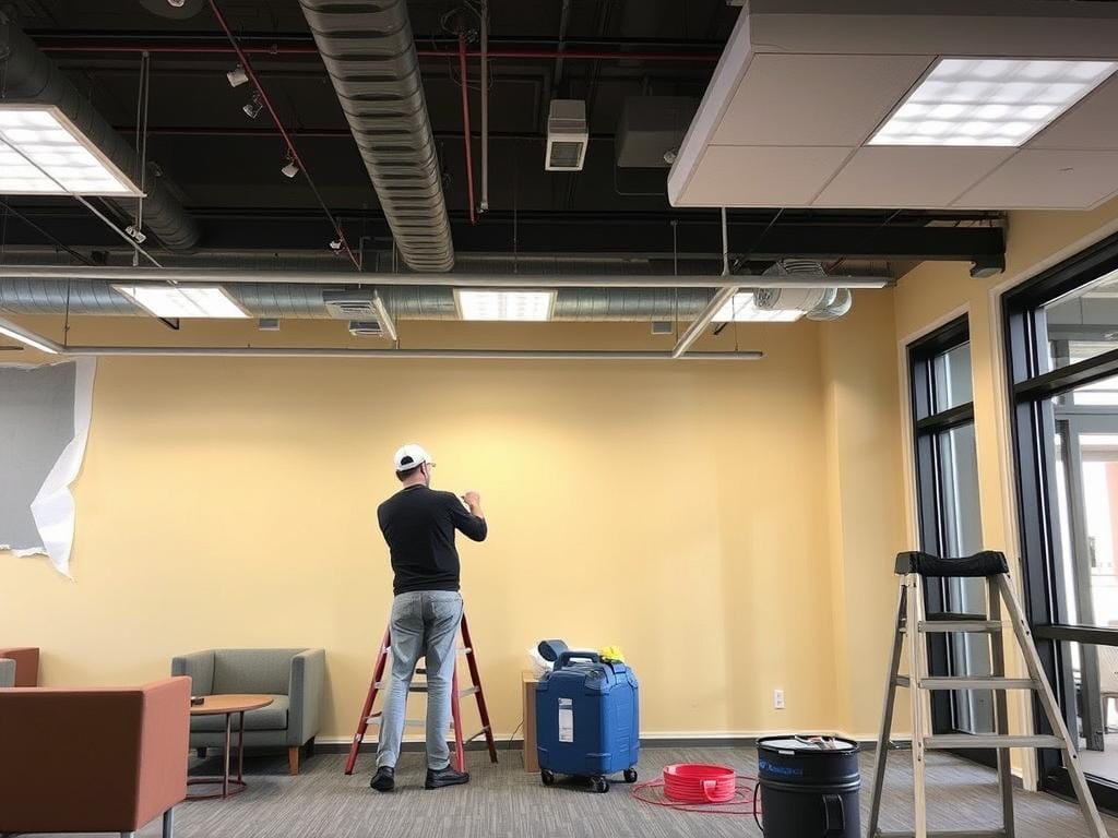 Commercial painters masking and protecting fixtures before painting Commercial painters masking and protecting fixtures before painting
