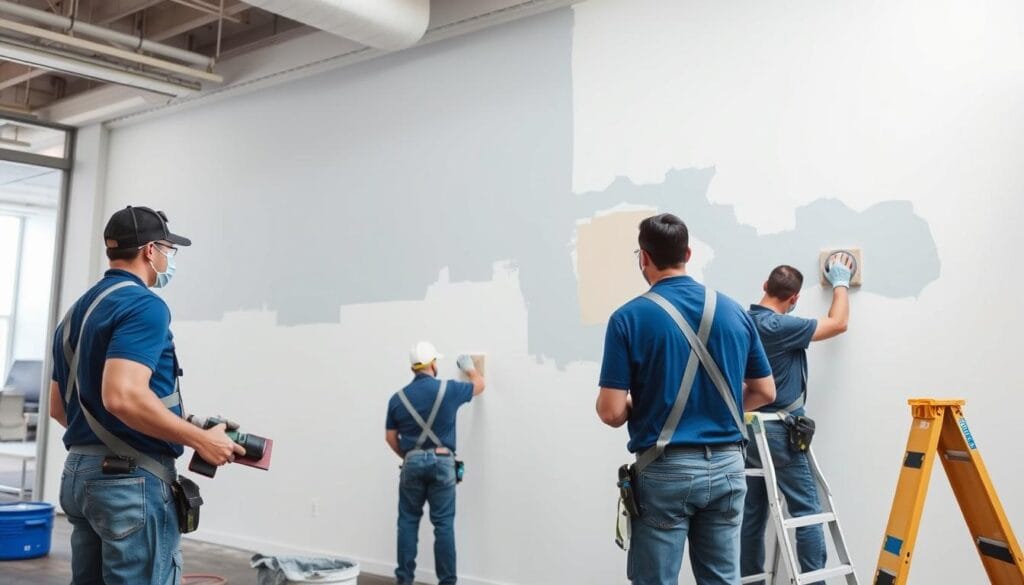Commercial painters preparing a surface before painting Commercial painters preparing a surface before painting