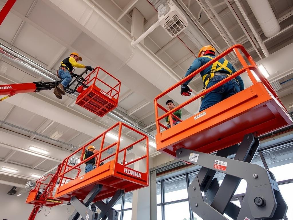 Commercial painters using specialized equipment for high-ceiling painting Commercial painters using specialized equipment for high-ceiling painting