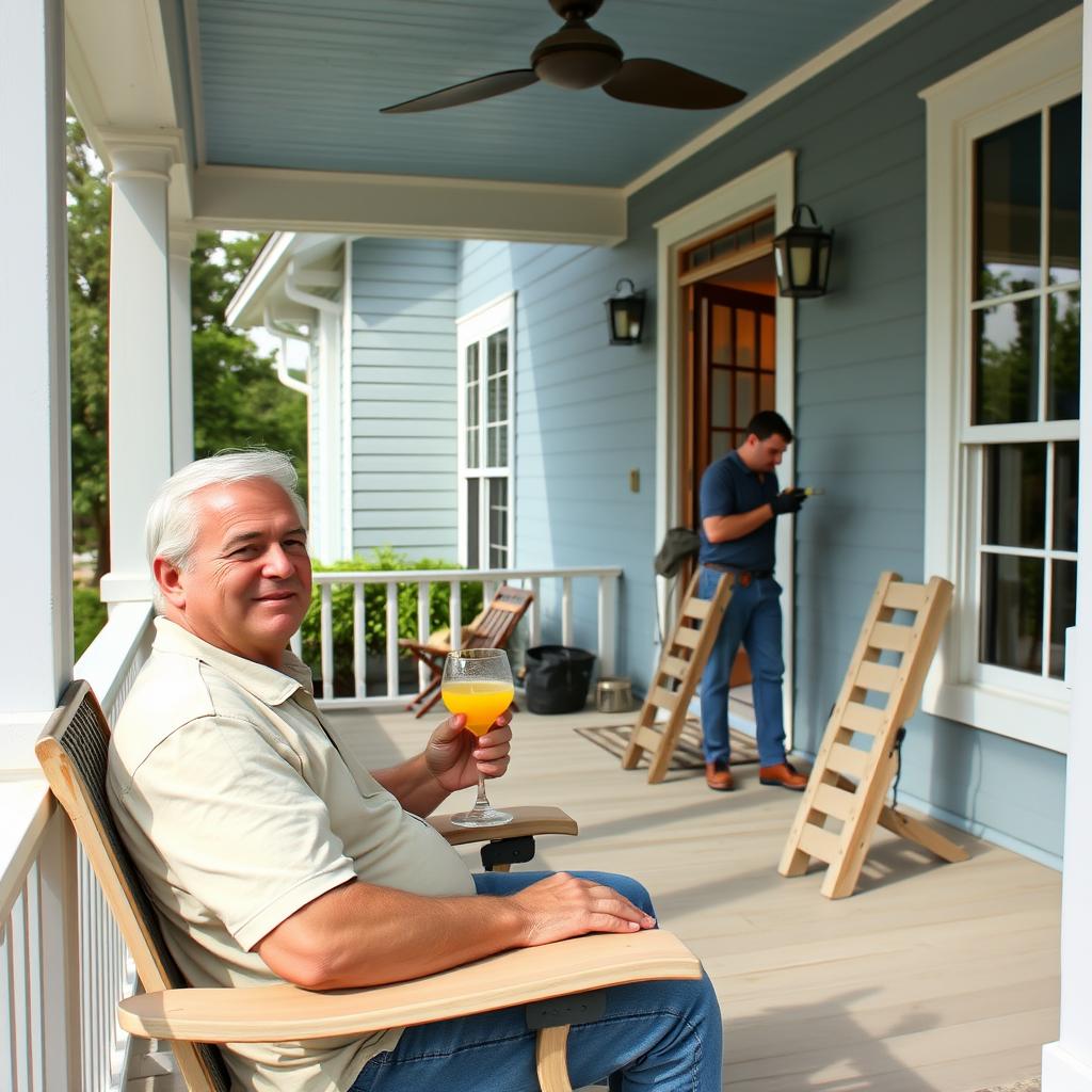 Homeowner relaxing while professional painters work in Galveston County Homeowner relaxing while professional painters work in Galveston County